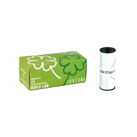 Fortuna film canister and packaging on a white background