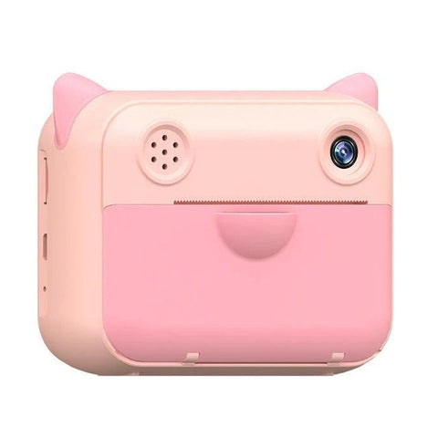 Pink children's camera with cat ears on a white background
