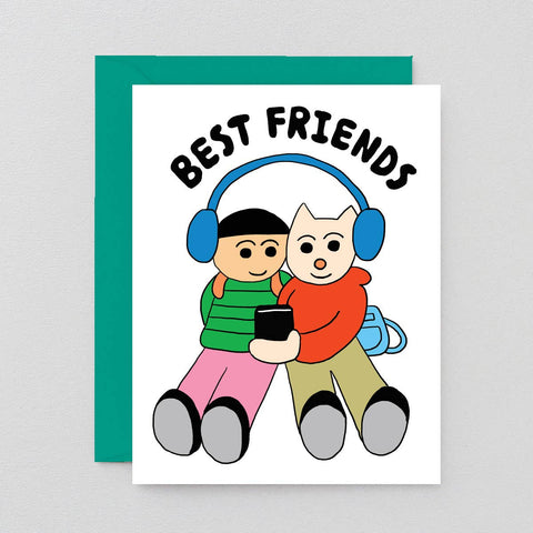 Card with cartoon characters wearing headphones and the text 'BEST FRIENDS' on a white background.