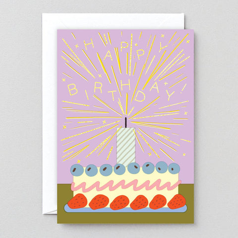 Birthday card with a cake illustration and 'Happy Birthday' text on a purple background