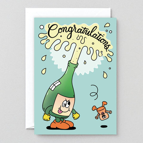 Cartoon bottle character with a baby on a 'Congratulations' card against a gray background