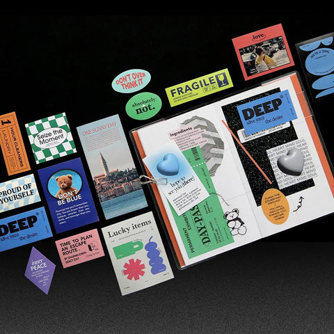 Collection of colorful product packaging on a black background