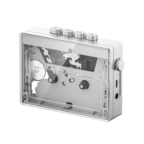 Silver cassette tape player on a white background