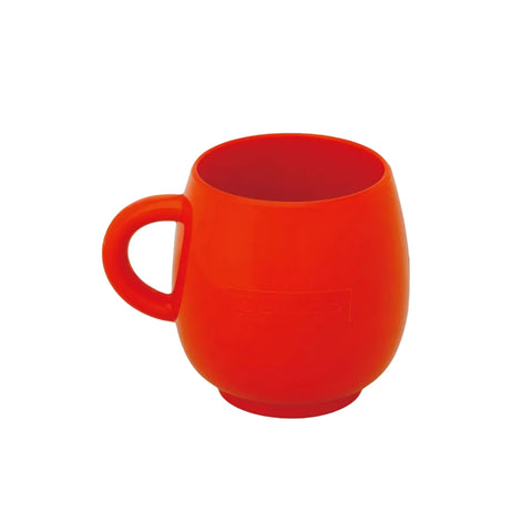 A red ceramic mug with a chunky handle, displaying the subtle Penco logo on its side.