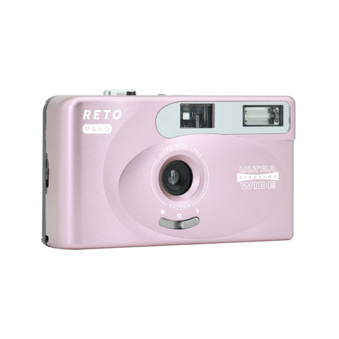 Pink retro camera with 'RETO' branding on a white background