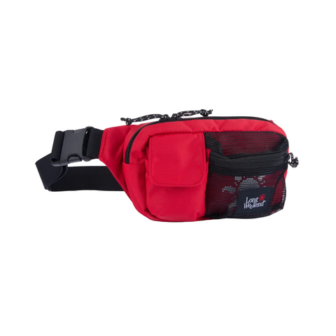 A red and black waist bag with multiple zippered compartments, a black adjustable strap, and a front mesh pocket featuring a 'Long Way Around' brand patch.