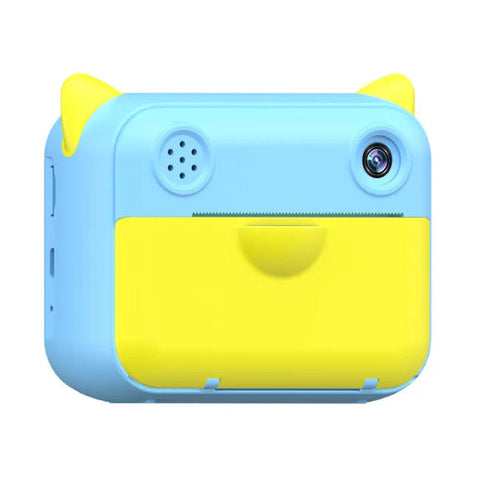 Children's toy camera with blue and yellow colors on a white background