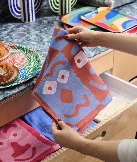 Making Faces Blue/Brown Woven Cotton Tea Towel