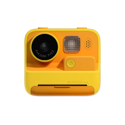 Yellow instant camera with brand logo on a white background