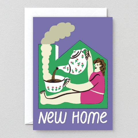 Greeting card with illustration of a woman pouring coffee, house, and 'New Home' text on a purple background.