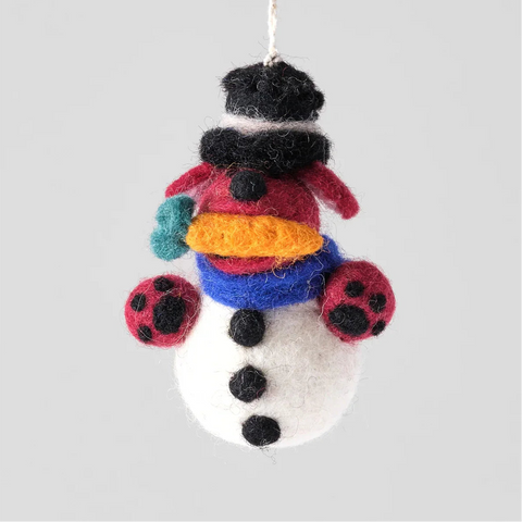 Colorful snowman ornament with a plain background