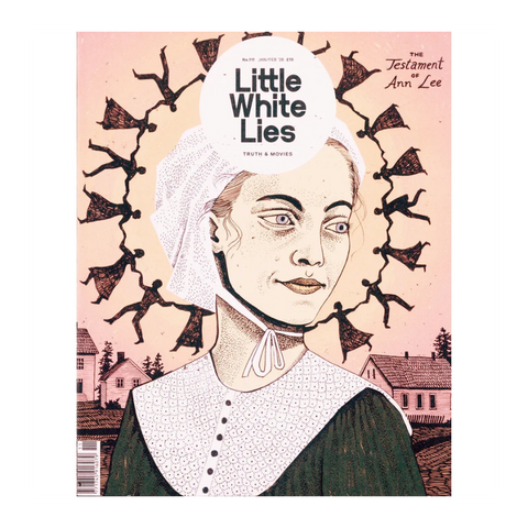 Magazine cover with a stylized illustration of a woman and text 'Little White Lies' on a pink background.