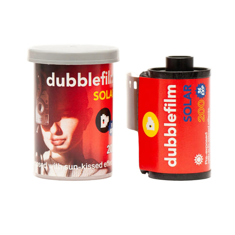 Dubblefilm Solar 200 film canister and roll on a white background