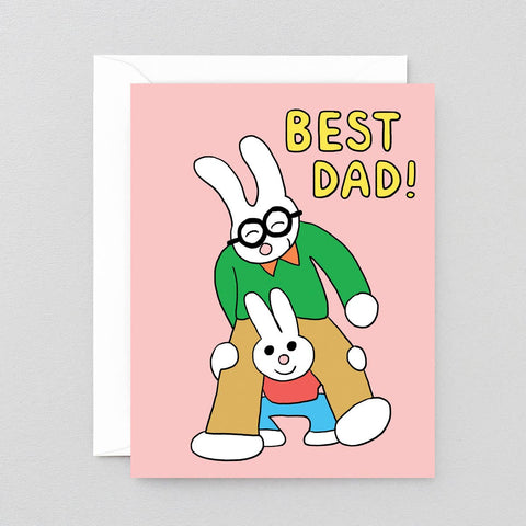 Greeting card with cartoon bunnies and 'Best Dad!' text on a pink background