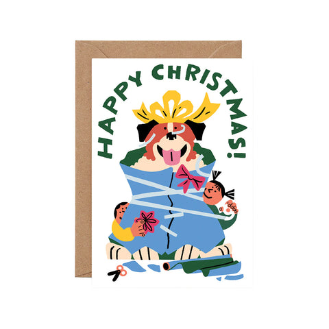 Wrapped Dog Embossed Christmas Card