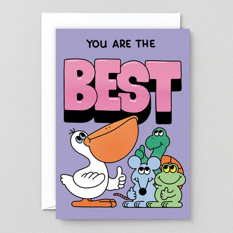 Card with cartoon characters and 'You are the best' text on a purple background