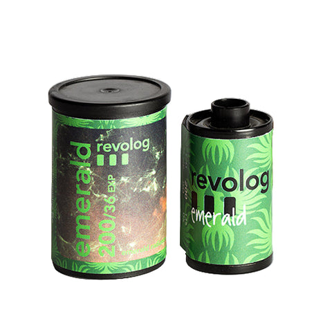 Two rolls of Revolog Emerald film on a light gray background